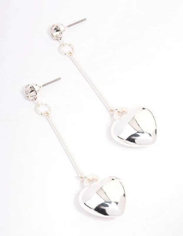 Drop Earrings for Wellness Routine -Silver Diamante Chubby Heart Drop Earrings