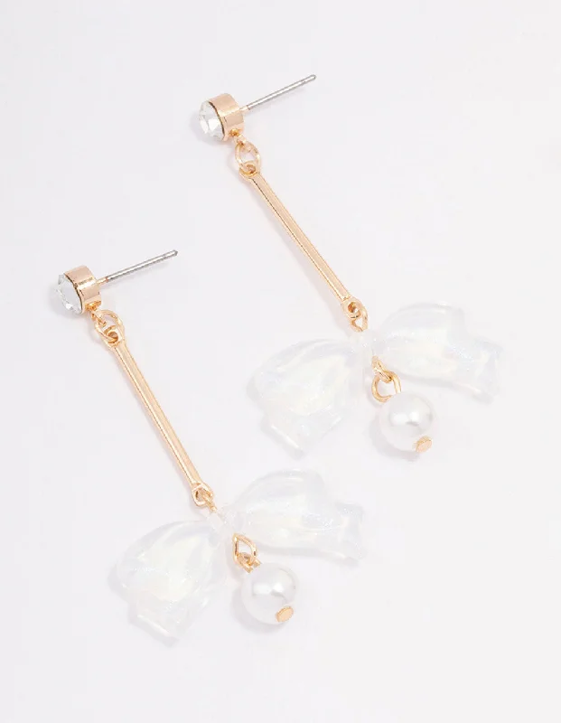 Drop Earrings for Engagement Party -Gold Diamante Acrylic Bow Drop Earrings