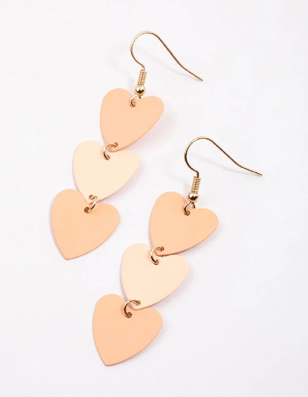 Drop Earrings with Keyhole Designs -Blush Triple Heart Drop Earrings