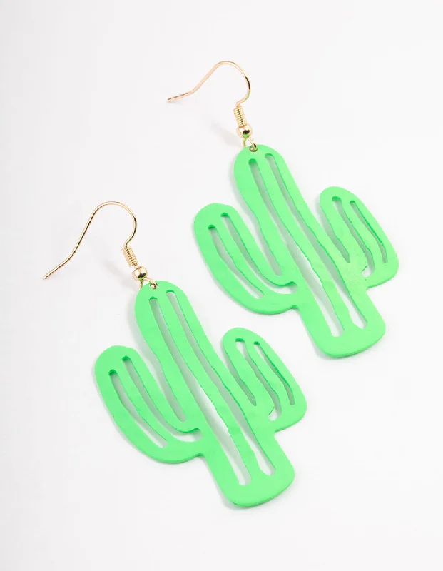 Drop Earrings with Wave Designs -Green Cactus Drop Earrings