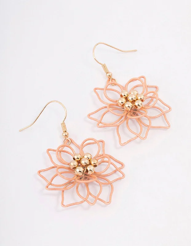 Drop Earrings with Debossed Designs -Gold Wire Flower Drop Earrings