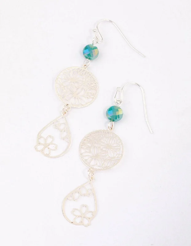 Drop Earrings with Crown Designs -Green Beaded & Filigree Flower Drop Earrings