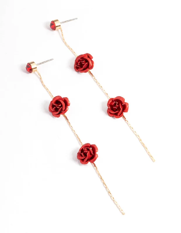 Punk Drop Earrings with Spikes -Red Diamante & Flower Chain Drop Earrings