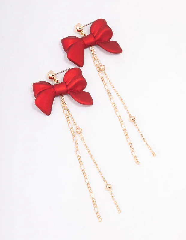 Drop Earrings with Hammered Finish -Red Pearlised Bow Chain Drop Earrings