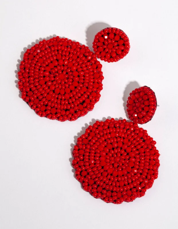 Drop Earrings with Keyhole Designs -Red Beaded Flat Circle Drop Earrings