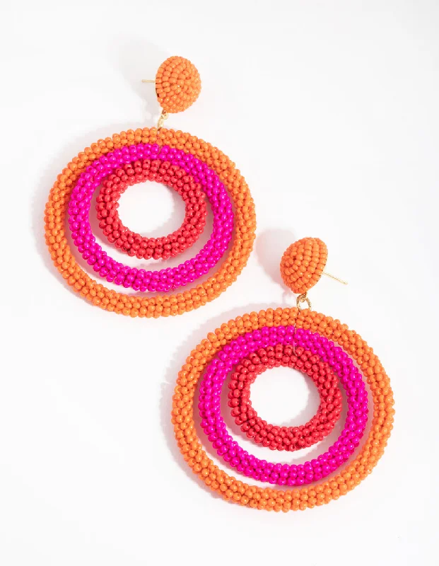 Drop Earrings with Crown Designs -Beaded Triple Circle Drop Earrings