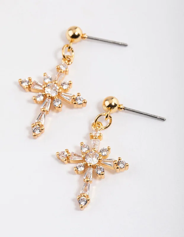 Crystal Drop Earrings for Sparkle -Gold Plated Cubic Zirconia Ornate Cross Drop Earrings