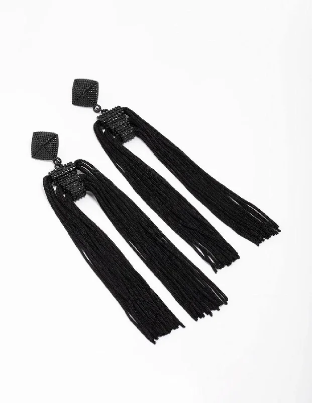 Retro Drop Earrings for Nostalgia -Black Fabric Rope Tassel Drop Earrings