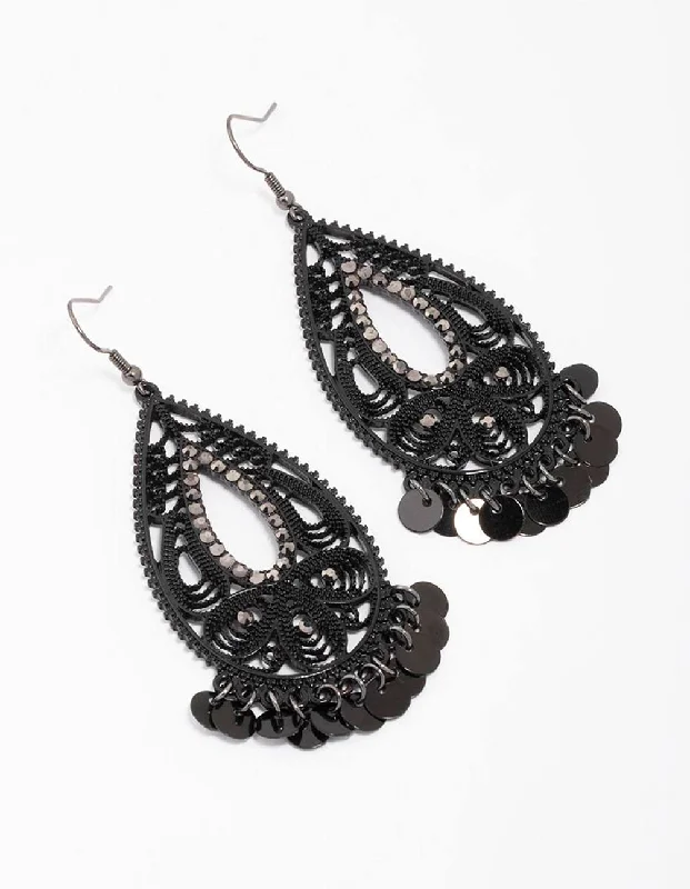 Vintage Drop Earrings with Patina -Black Teardrop Beaded Drop Earrings