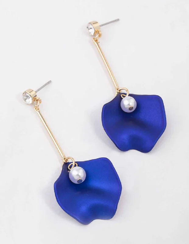 Studded Drop Earrings with Gemstones -Blue Diamante Pearl Petal Drop Earrings