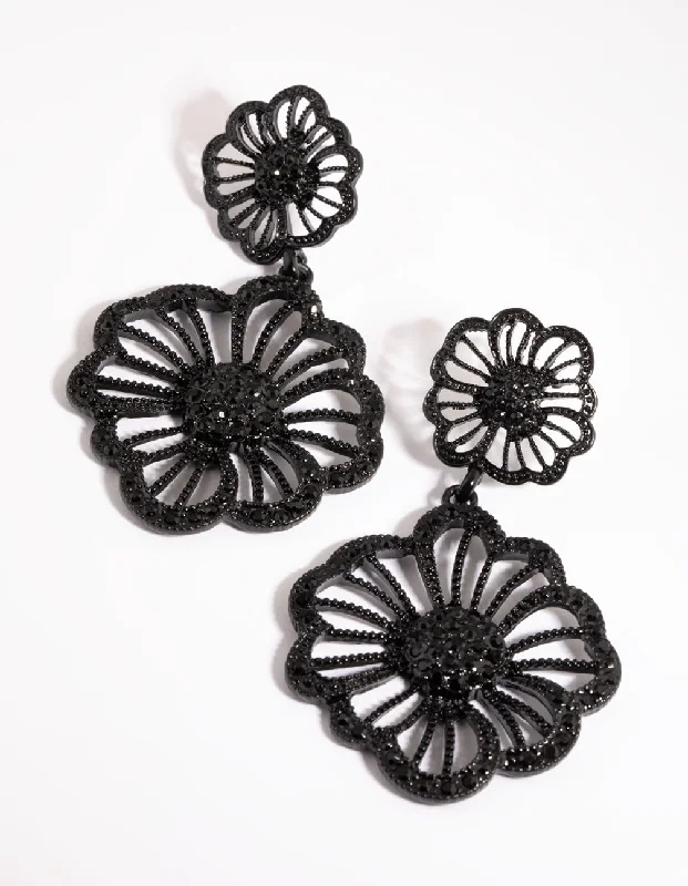 Tarnish Resistant Drop Earrings for Longevity -Matte Black Diamante Flower Drop Earrings