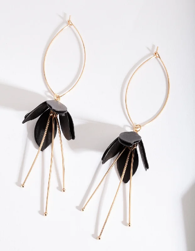 Push Back Drop Earrings for Convenience -Black Gold Flower Drop Earrings