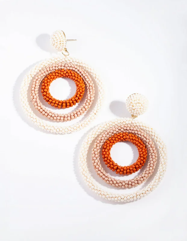 Drop Earrings with Vine Designs -Neutral Beaded Triple Circle Drop Earrings