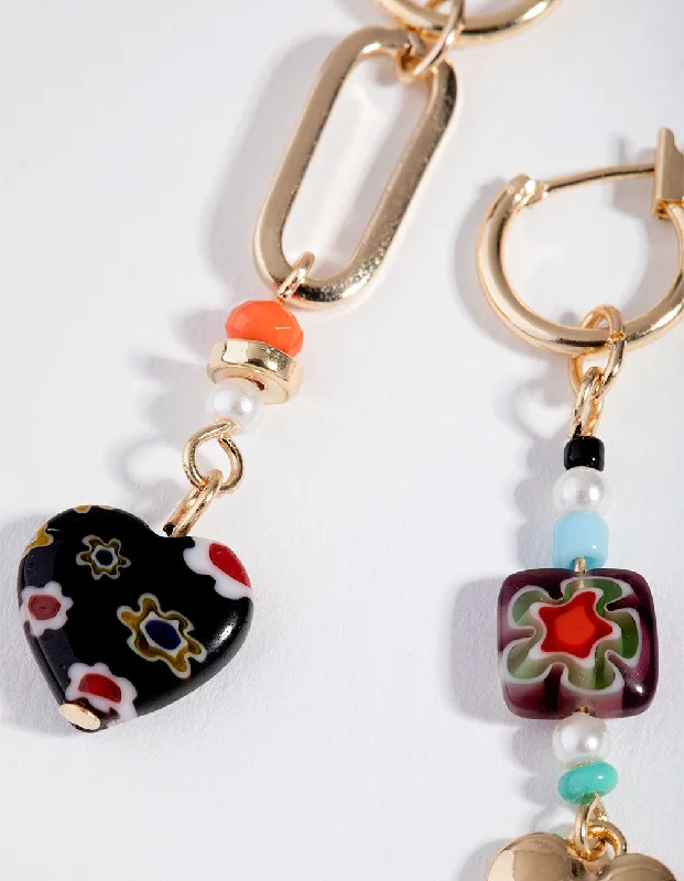 Drop Earrings with Enamel Coating -Gold Mix Bead Heart Drop Earrings