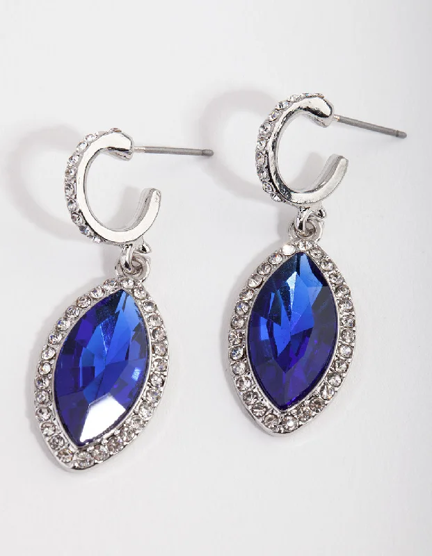 Drop Earrings with Hammered Finish -Rhodium Blue Navette Drop Earrings