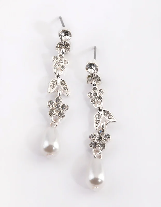 Studded Drop Earrings with Gemstones -Silver Floral Pearl Drop Earrings