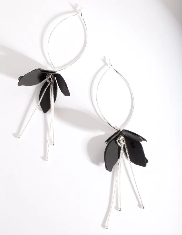 Drop Earrings with Polished Shine -Silver Black Flower Drop Earrings