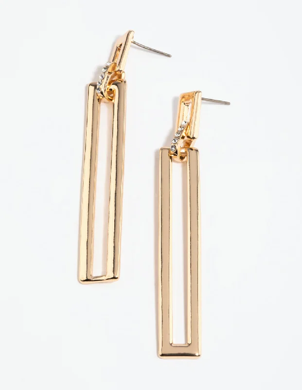 Lightweight Drop Earrings for All Day -Gold Diamante Rectangular Drop Earrings