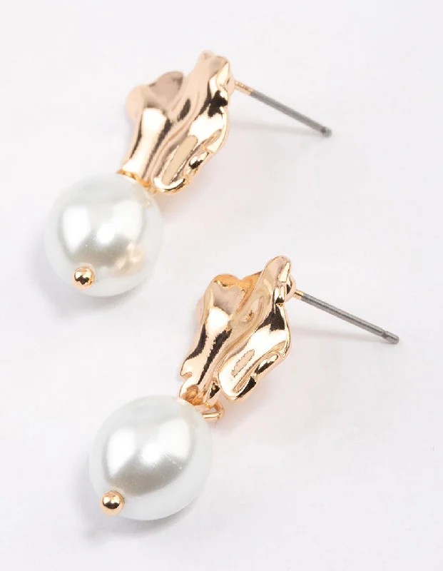 Drop Earrings with Leaf Motifs -Gold Molten Pearl Drop Earrings & Polishing Set