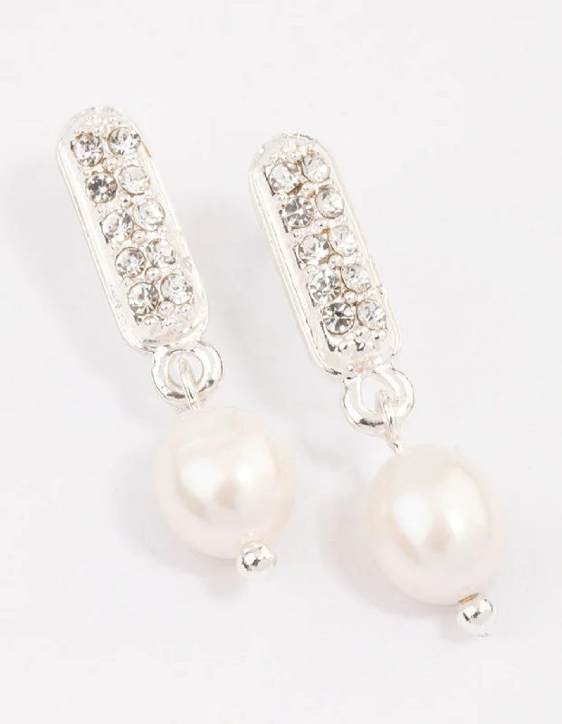 Drop Earrings with Floral Motifs -Silver Diamante Mini Pearl Drop Earrings & Polishing Set