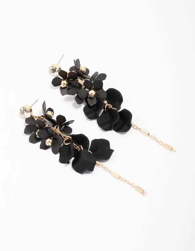 Contemporary Drop Earrings for Fashion -Gold & Black Petal Diamante Chain Drop Earrings