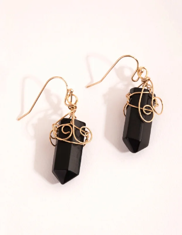 Rhinestone Drop Earrings for Sparkle -Gold Coil Wrapped Onyx Drop Earrings