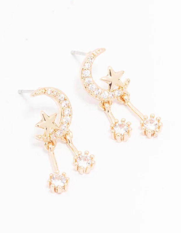 Drop Earrings for Work Attire -Gold Cubic Zirconia Moon & Star Drop Earrings