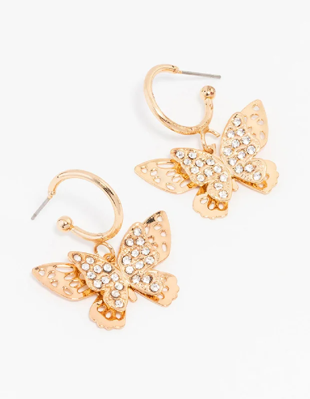 Drop Earrings with Floral Motifs -Gold Diamante Butterfly Hoop Drop Earrings