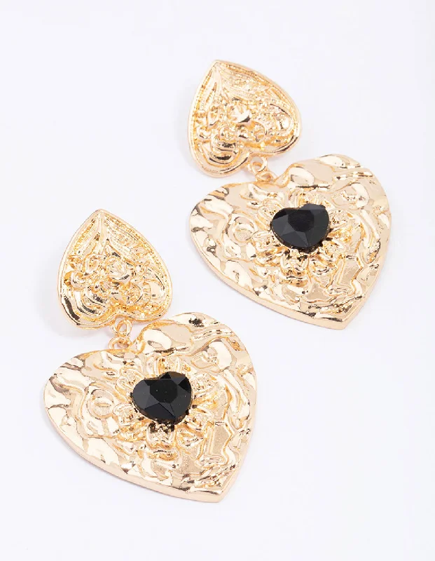 African Drop Earrings with Culture -Gold Double Heart Stone Drop Earrings