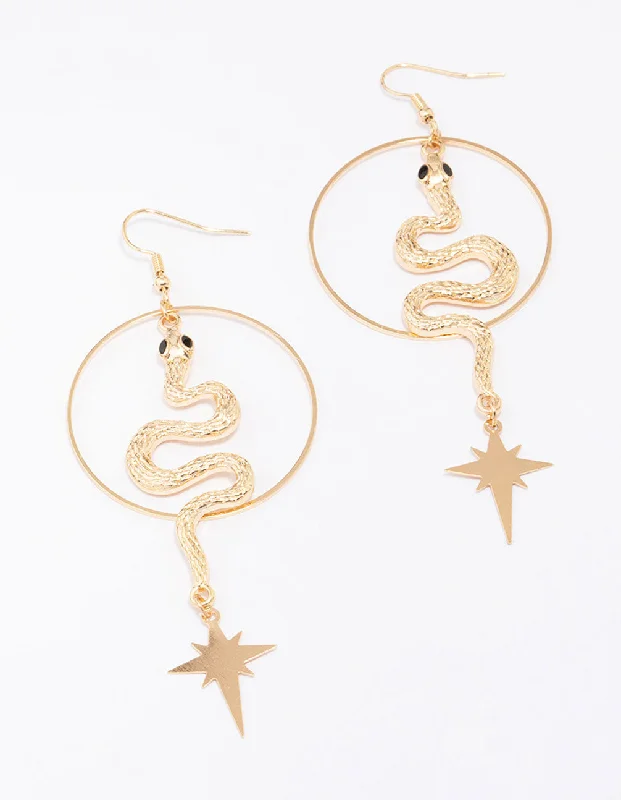 Drop Earrings with Leaf Motifs -Gold Hoop & Snake Drop Earrings