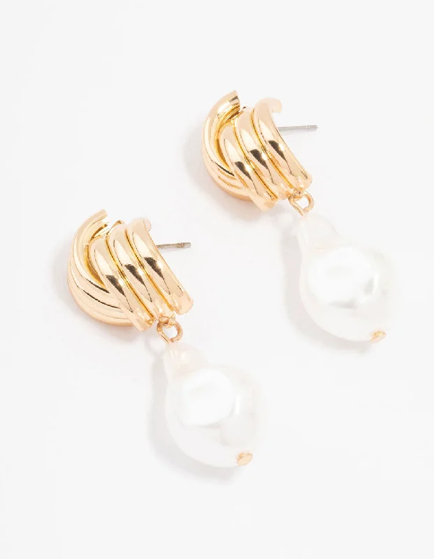 Silver Drop Earrings for Men -Gold Ribbed Cross Pearl Drop Earrings