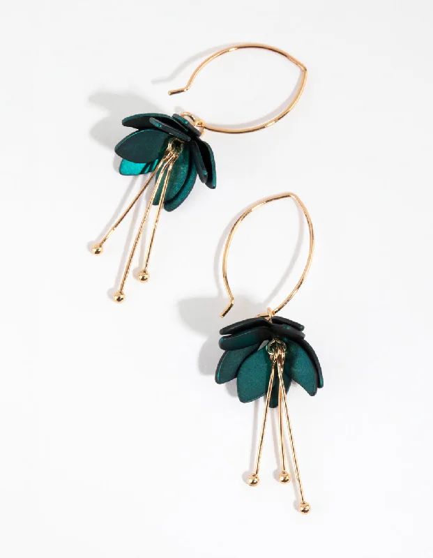 Magnetic Closure Drop Earrings for Easy -Green Mini Flower Drop Earrings