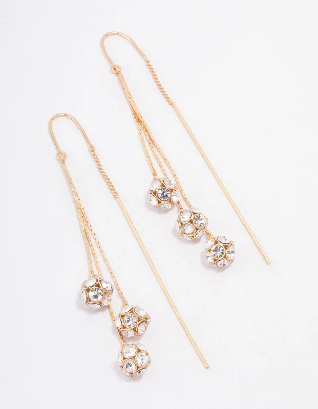 Push Back Drop Earrings for Convenience -Gold Triple Ball Graduating Chain Drop Earrings