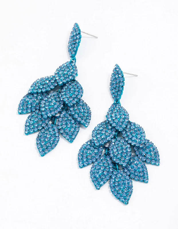 Drop Earrings for Casual Outfit -Blue Diamante Multi Leaf Drop Earrings