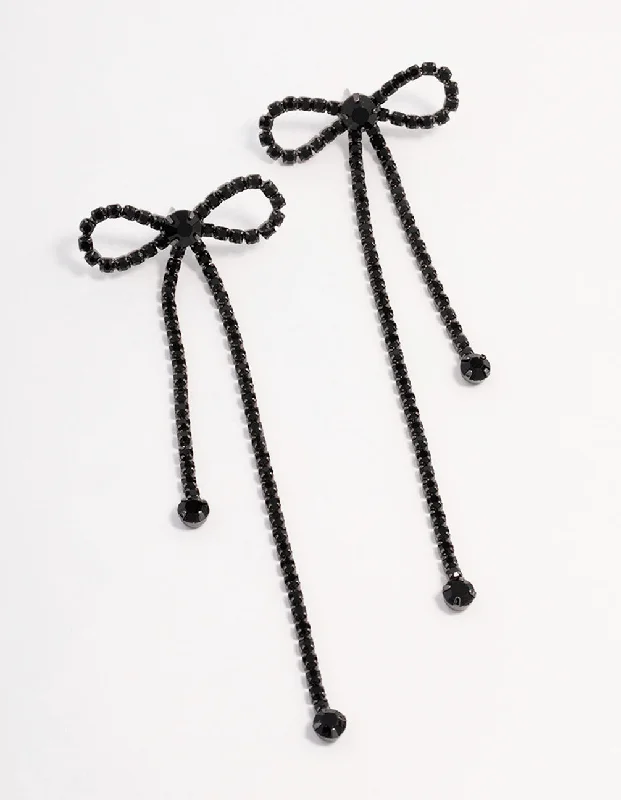 Bohemian Drop Earrings with Tassels -Jet Black Diamante Bow Drop Earrings