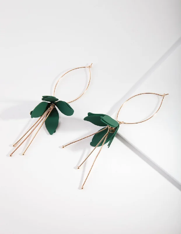 Screw Back Drop Earrings for Security -Green Coated Flower Drop Earrings