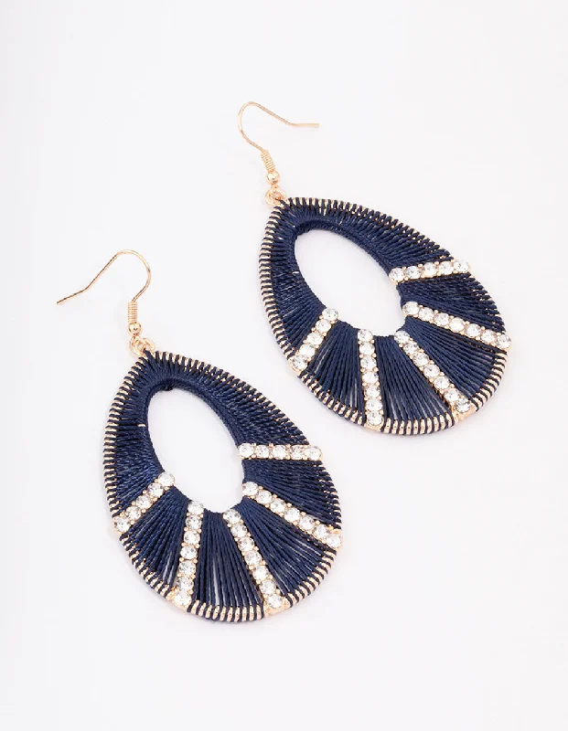 Drop Earrings for Party Look -Gold Woven Diamante Navy Drop Earrings