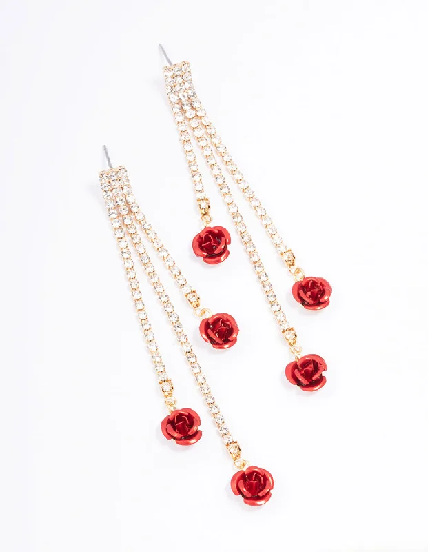 Drop Earrings for Christmas Party -Red Cup Chain Flower Drop Earrings