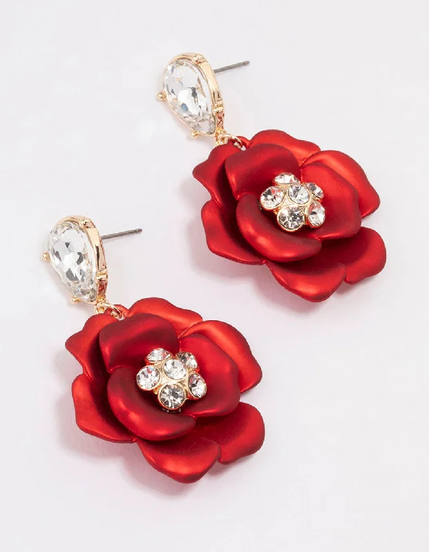 Drop Earrings for Mother's Day -Red Iridescent Flower Stone Drop Earrings