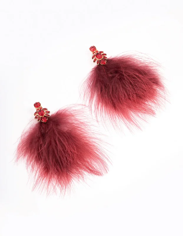 Drop Earrings for Valentine's Day -Red Stone Feather Drop Earrings