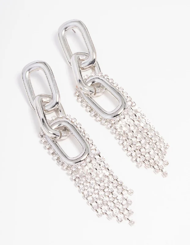 Lead Free Drop Earrings for Health -Rhodium Chain Diamante Cup Chain Drop Earrings