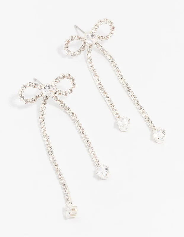 Drop Earrings for Office Wear -Rhodium Diamante Cupchain Bow Drop Earrings