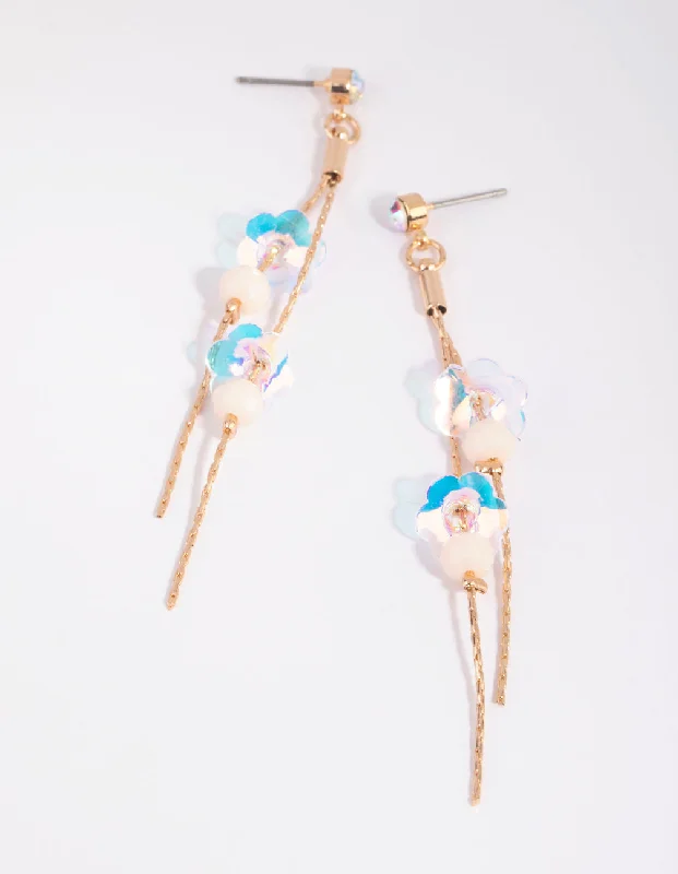 Beaded Drop Earrings for Party -Gold Flower Sequin Drop Earrings