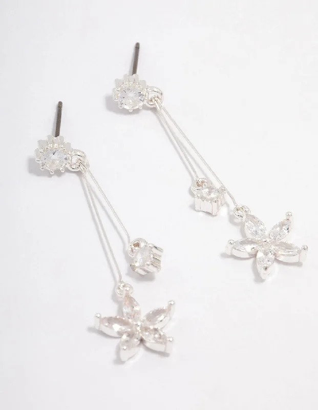 Drop Earrings for Concert Look -Silver Cubic Zirconia Flower Waterfall Drop Earrings