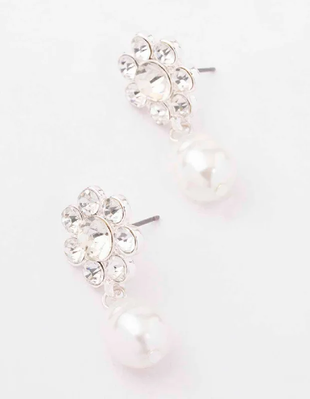 Clip On Drop Earrings for Non Pierced -Silver Diamante Flower Pearl Drop Earrings