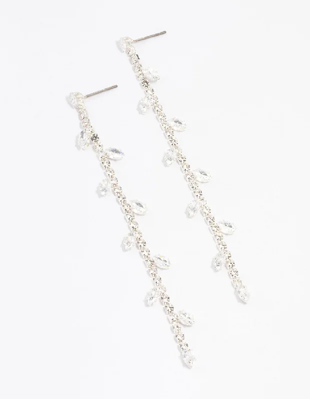 Diamond Drop Earrings for Luxury -Silver Diamante Leaf Cup Chain Drop Earrings