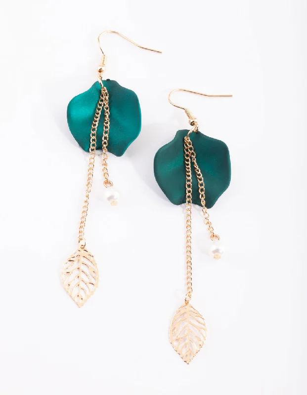 Adjustable Drop Earrings for Custom Fit -Green Leaf & Pearl Drop Earrings