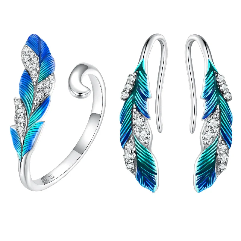 Drop Earrings with Keyhole Designs -Wholesale S925 Sterling Silver Dazzling Blue Feather Earrings Ring