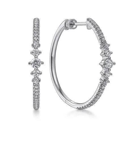 Drop Earrings for Valentine's Day -14K White Gold 30mm Diamond Classic Hoop Earrings