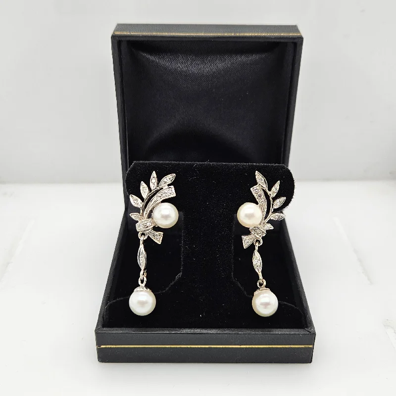 Drop Earrings for Mother's Day -14K White Gold, Diamond & Pearl Antique Drop Earrings-Estate